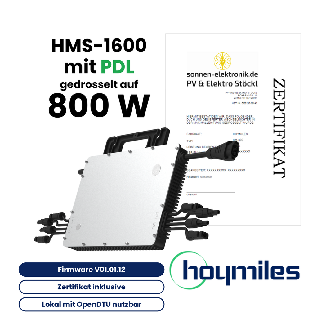 HMS-1600-4T mit PDL (Firmware V01.01.12), 800W-Begrenzung und Zertifikat; Hoymiles Mikrowechselrichter